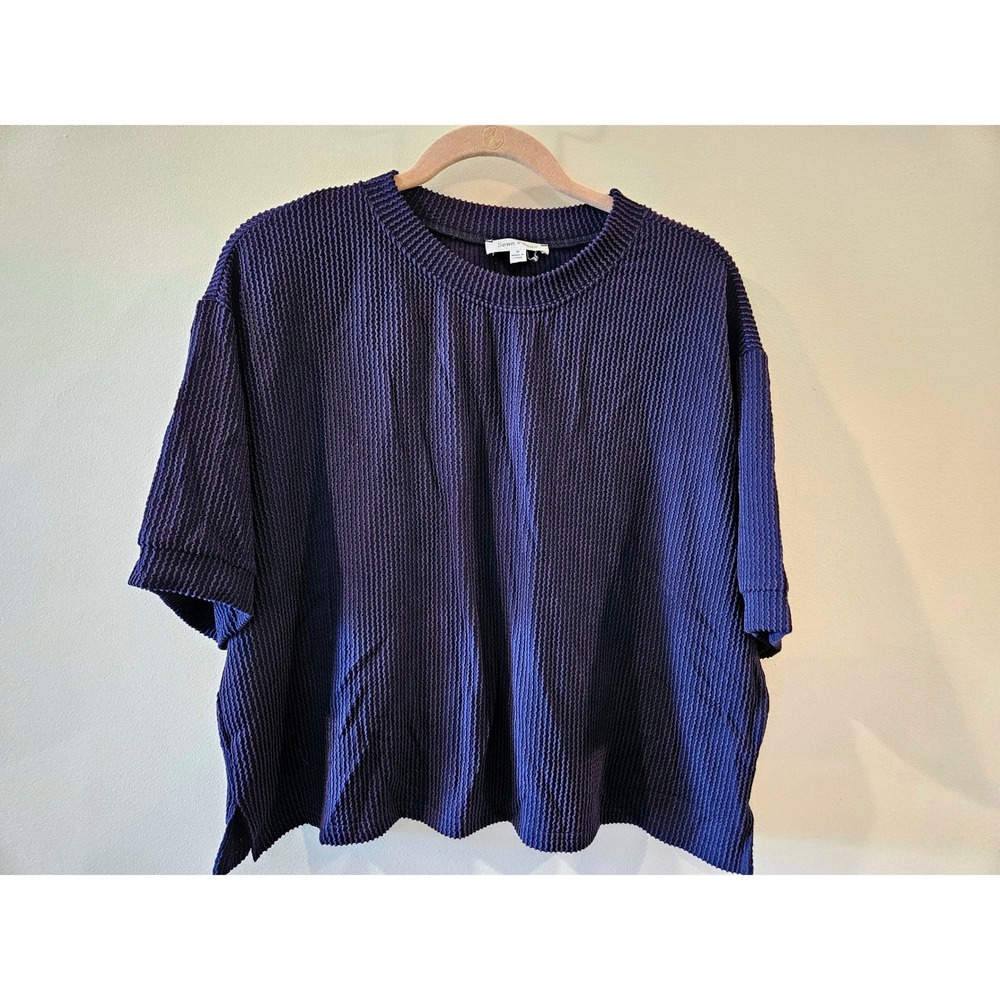 Sewn + Seen Womens Cropped Tee Navy Blue Textured Boxy Short Sleeve Top Size M